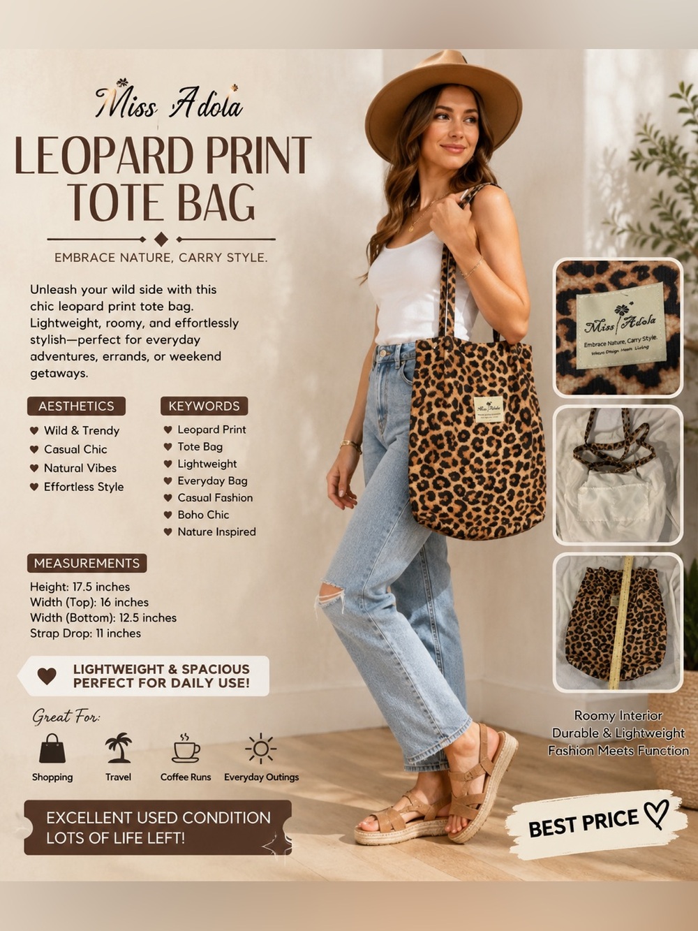 Leopard Print Canvas Tote Bag in Brown